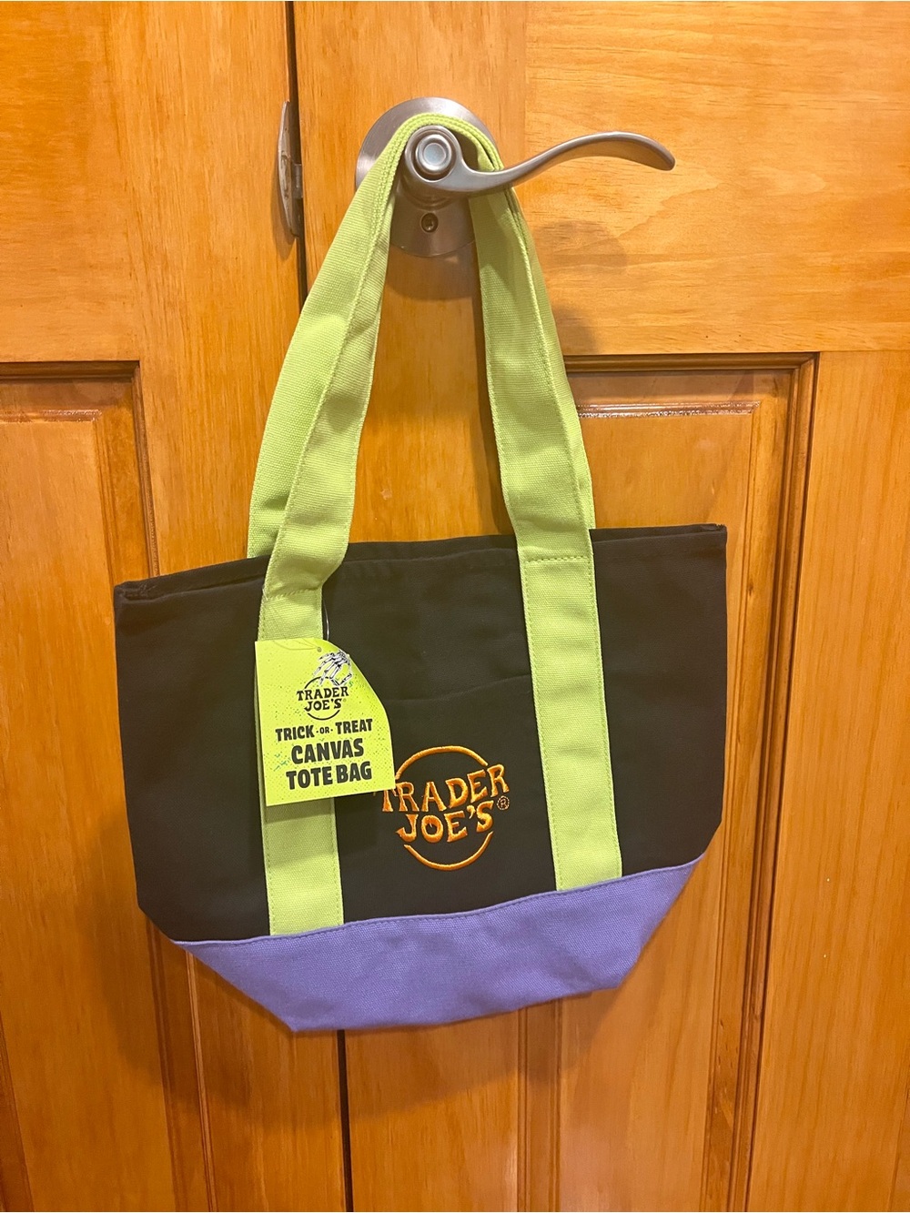 Trader Joe’s Black Canvas Tote Bag with Lime Handles and Purple Base